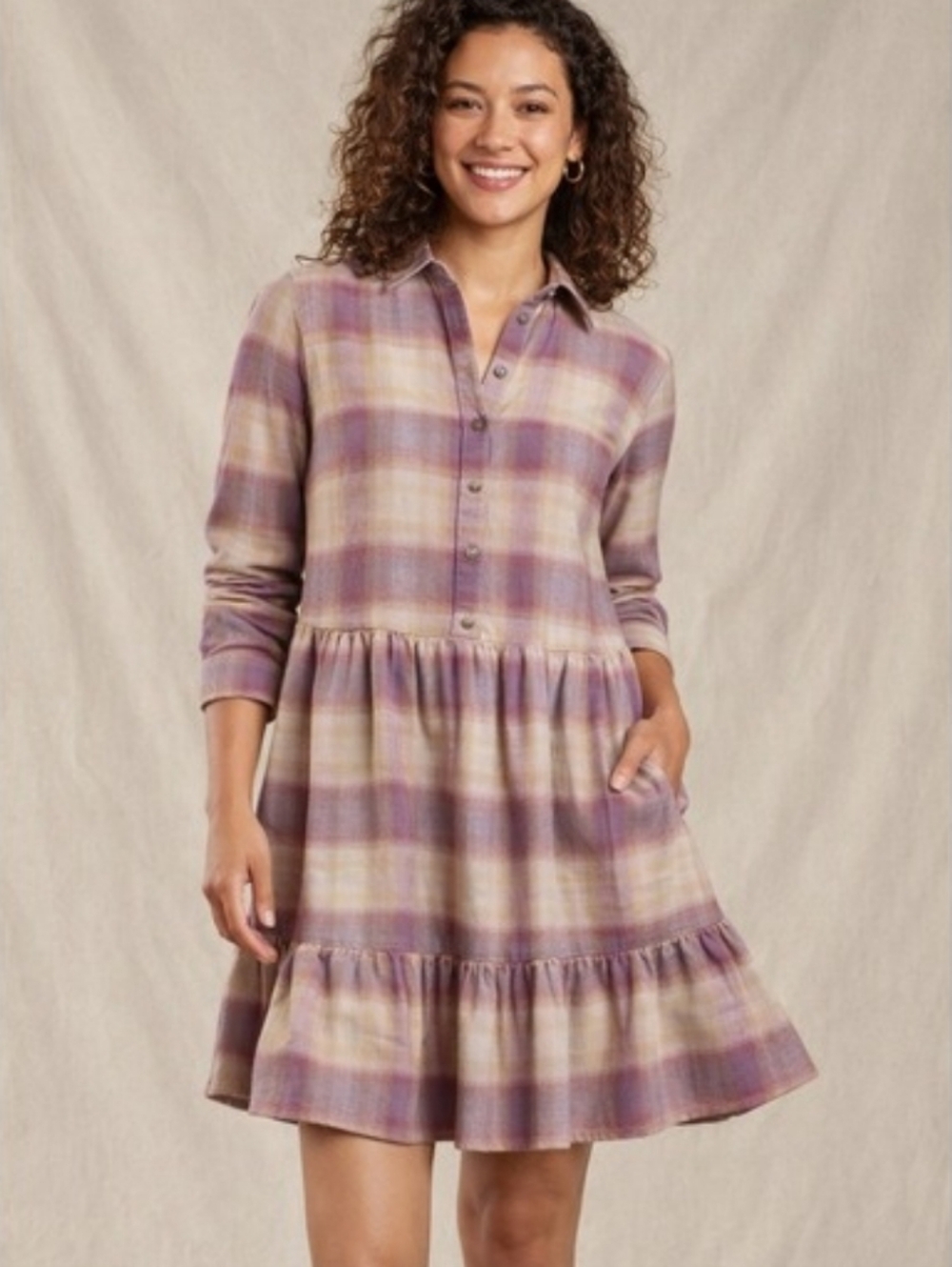 Toad&Co Lavender & Cream Plaid Tiered Shirt Dress